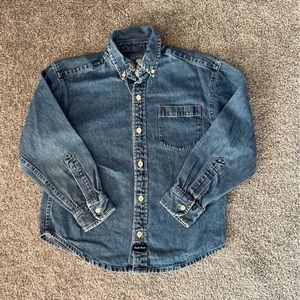 Vintage duck head shirt boys small blue denim embroidered monster truck button‎